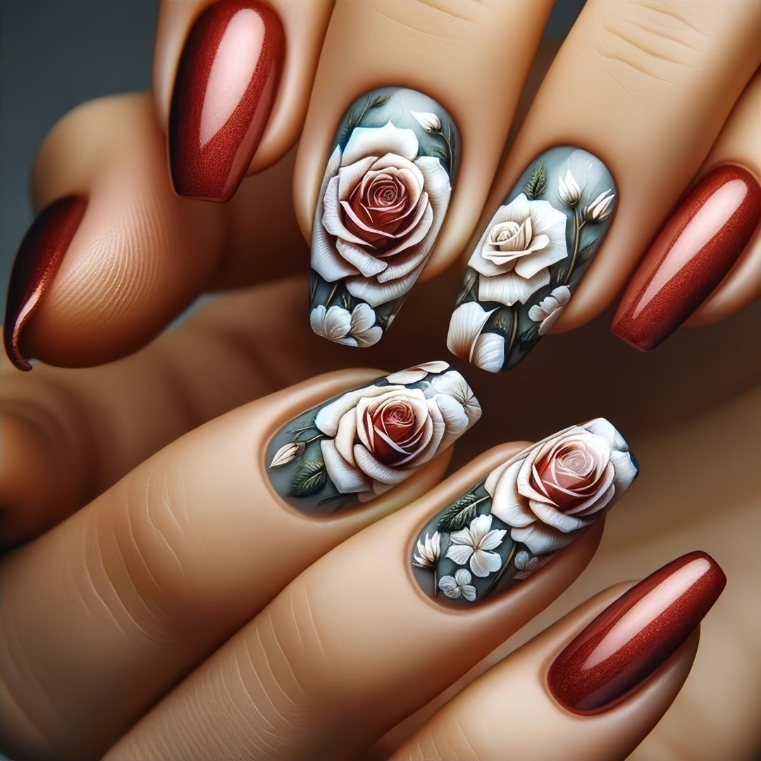 Elegant Square Press-On Nails – Medium Red Rose Floral Design Nails
