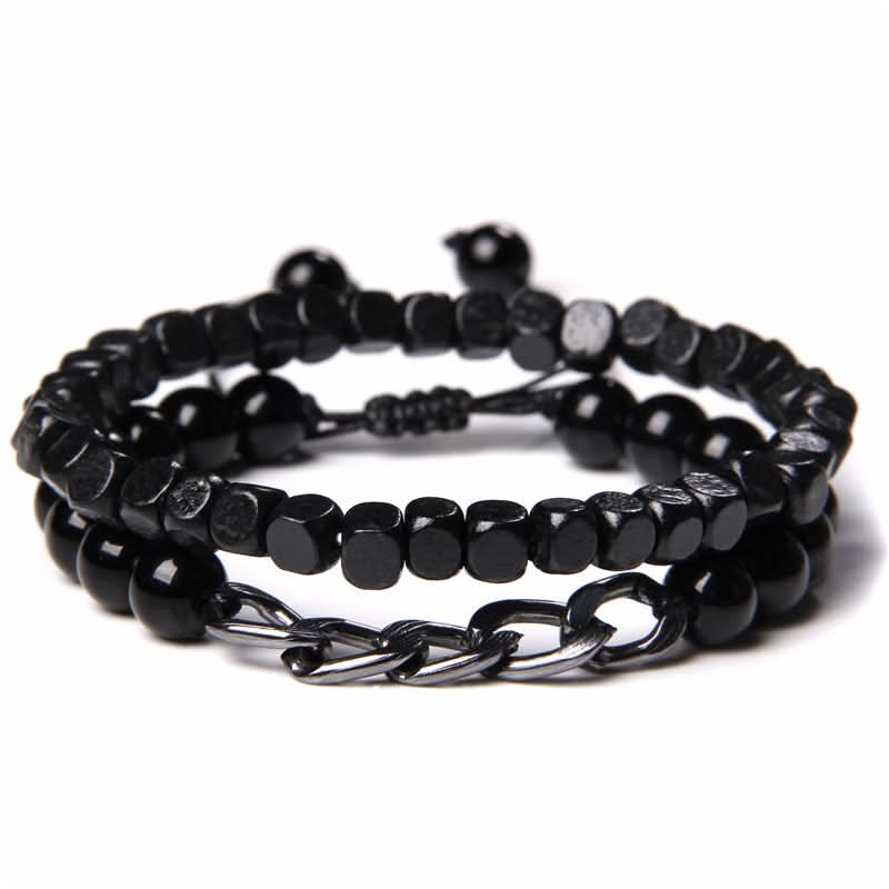 Men’s Lava Stone & Wooden Bead Bracelet – Black Glass Beads