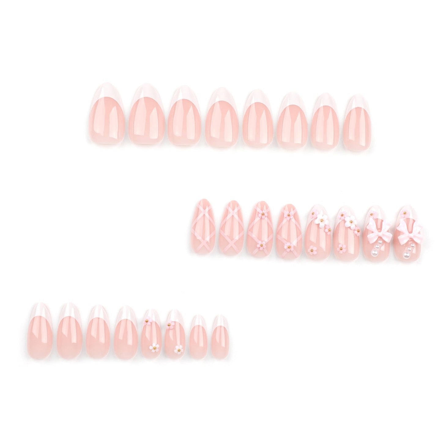Cute Pink Bow Press-On Nails with 3D Floral Art – Glossy Almond Shape Acrylic Set