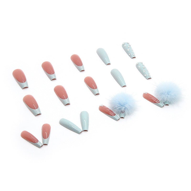 Long Blue Coffin Press-On Nails – Rhinestone & Pom Accent Acrylic False Nails