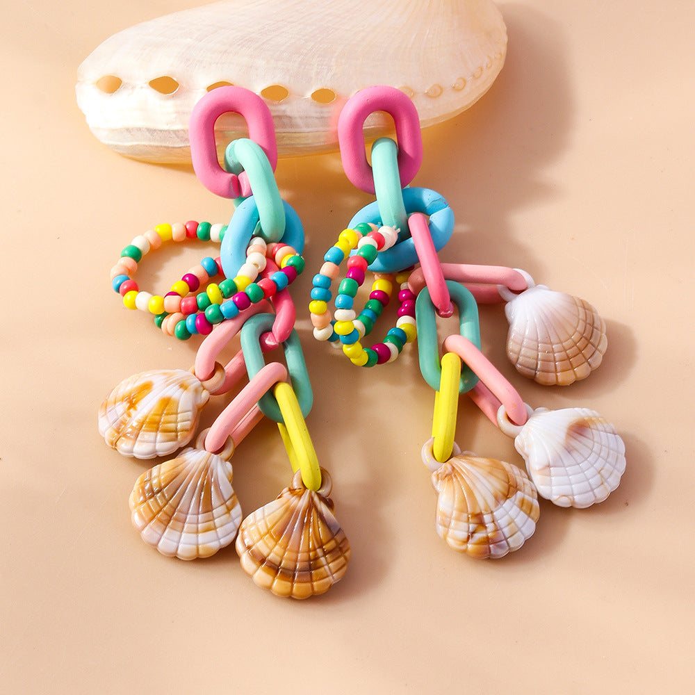 Colorful Beaded Tassel Earrings for Women – Acrylic Geometric Shell Jewelry