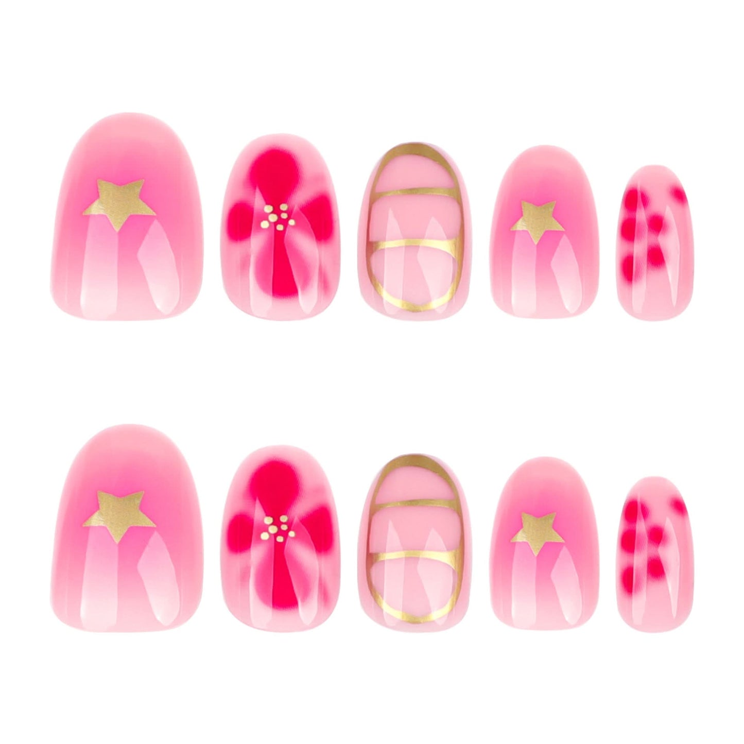 Floral Star Press-On Nails – Short Round Reusable Fake Nails