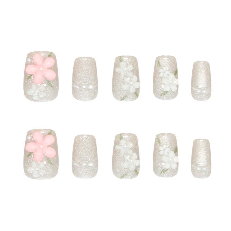 Ice Glaze Flower Press-On Nails – Short Wearable Nail Set
