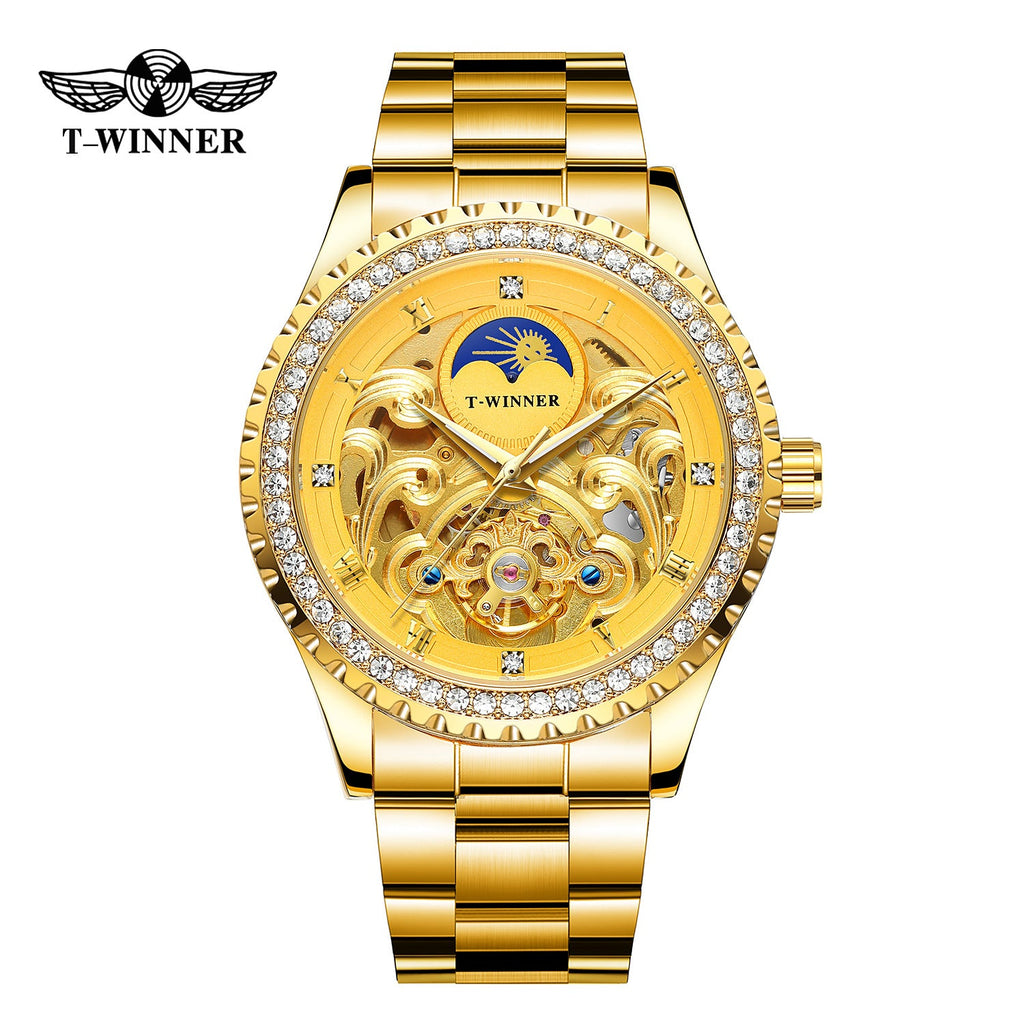 T-Winner Men’s Skeleton Automatic Mechanical Watch – Rhinestone Bezel, Fashion Timepiece