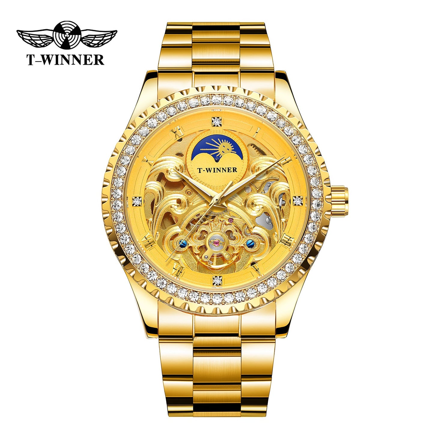 T-Winner Men’s Skeleton Automatic Mechanical Watch – Rhinestone Bezel, Fashion Timepiece