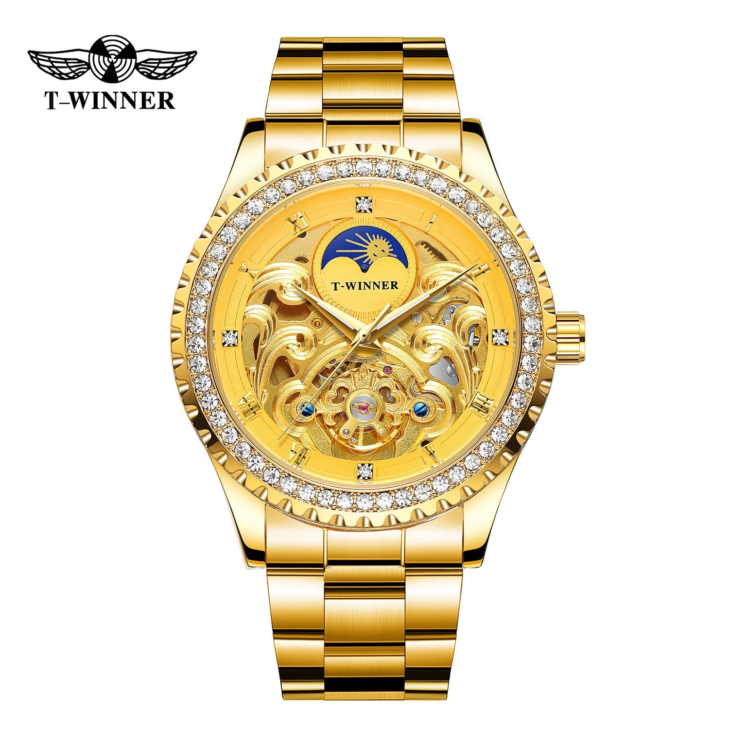 T-Winner Men’s Skeleton Automatic Mechanical Watch – Rhinestone Bezel, Fashion Timepiece