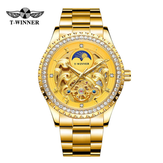 T-Winner Men’s Skeleton Automatic Mechanical Watch – Rhinestone Bezel, Fashion Timepiece