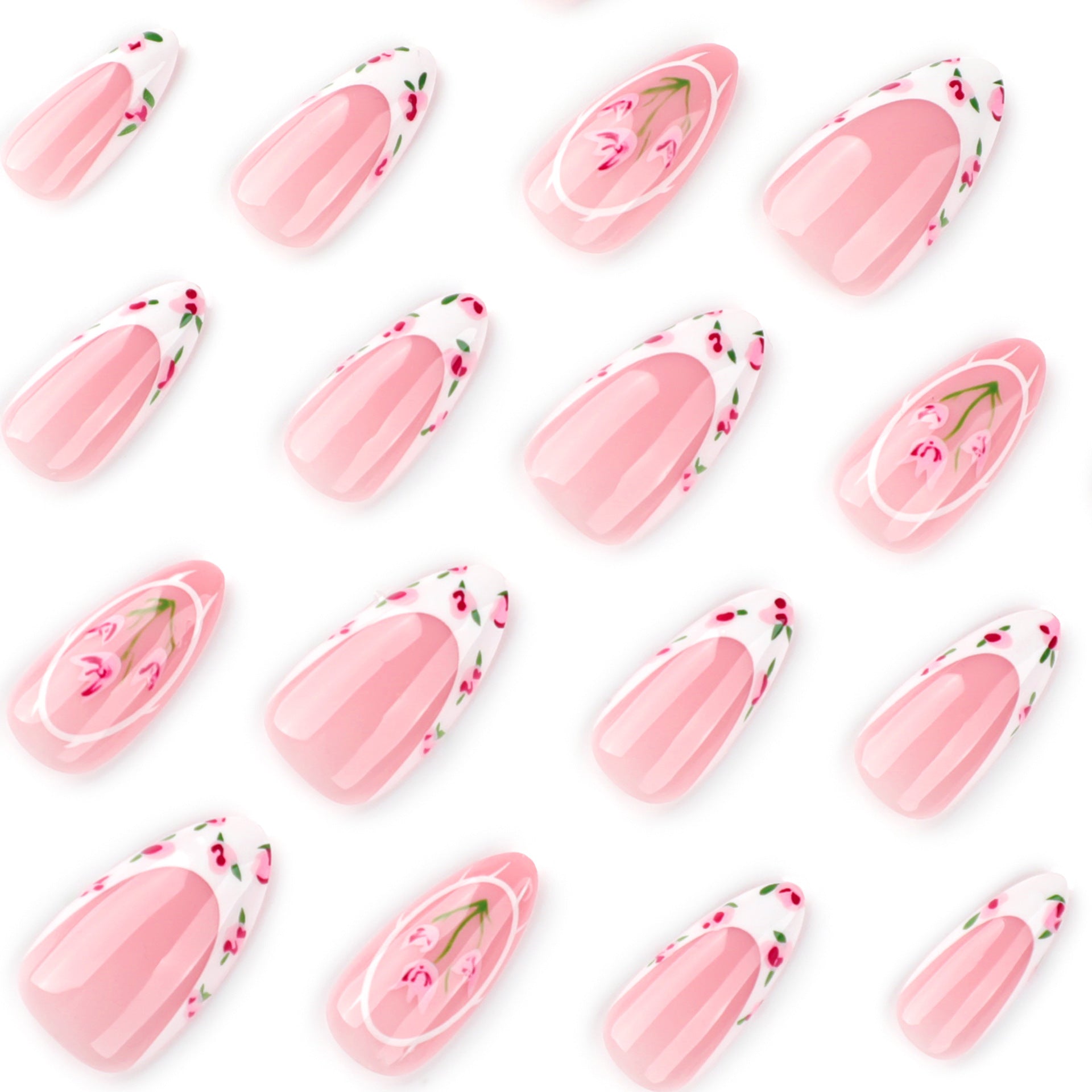 Elegant Floral French Press-On Nails – Long Almond Glue-On Tulip Nail Art