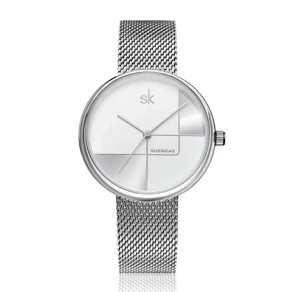 SK Women’s Quartz Watch – Stainless Steel Mesh Strap, Waterproof Fashion Wristwatch