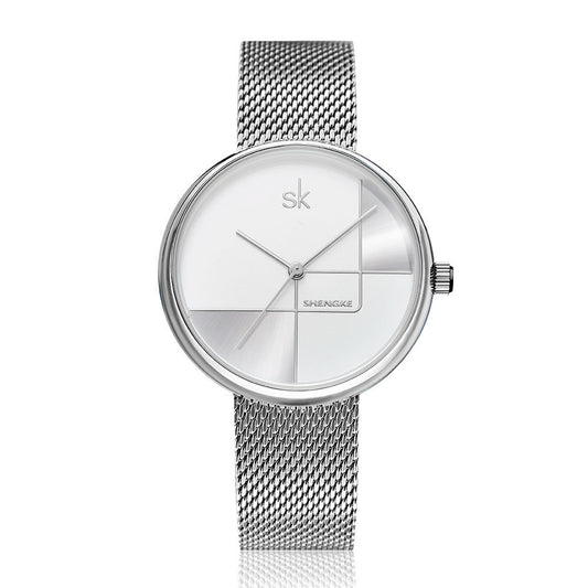 SK Women’s Quartz Watch – Stainless Steel Mesh Strap, Waterproof Fashion Wristwatch