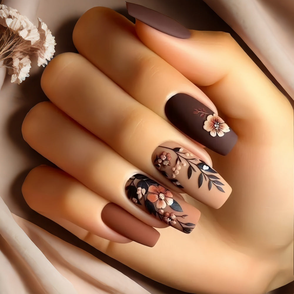 Chic Floral Press-On Nails – Medium Square & Almond Matte Brown and Nude Nails