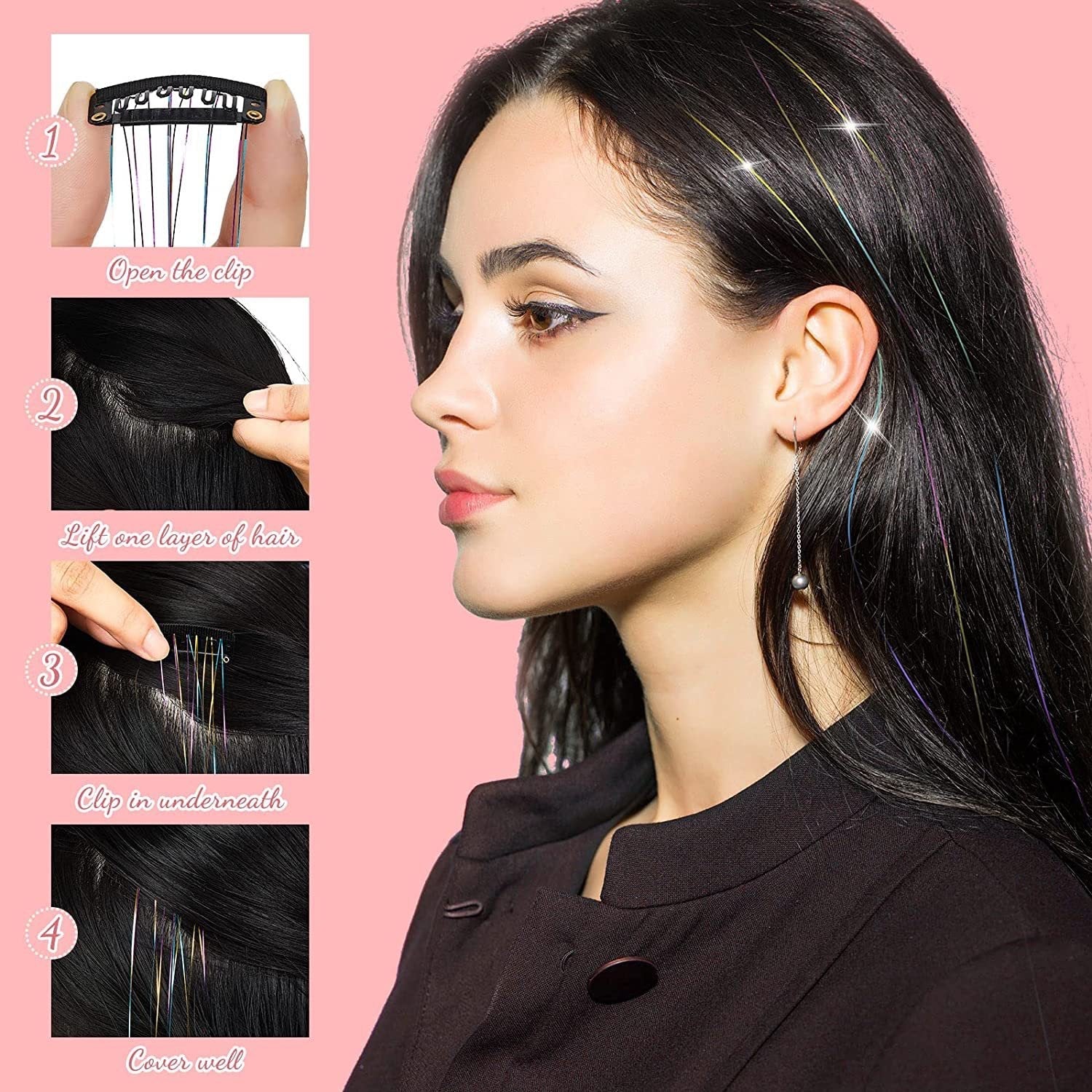 Classic Tinsel Hair Extensions – Long Sparkly PET Strands, 50cm Glitter Highlights (Set of 2)