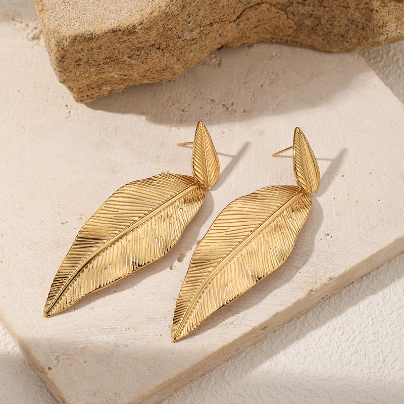 Gold Leaf Drop Earrings – Stainless Steel Textured Pendant Jewelry for Women