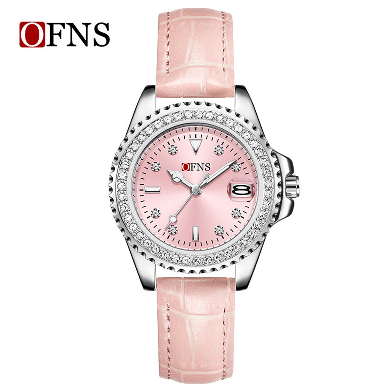 OFNS Women’s Luxury Quartz Watch – Diamond Inlaid Dial, Leather Strap, Waterproof