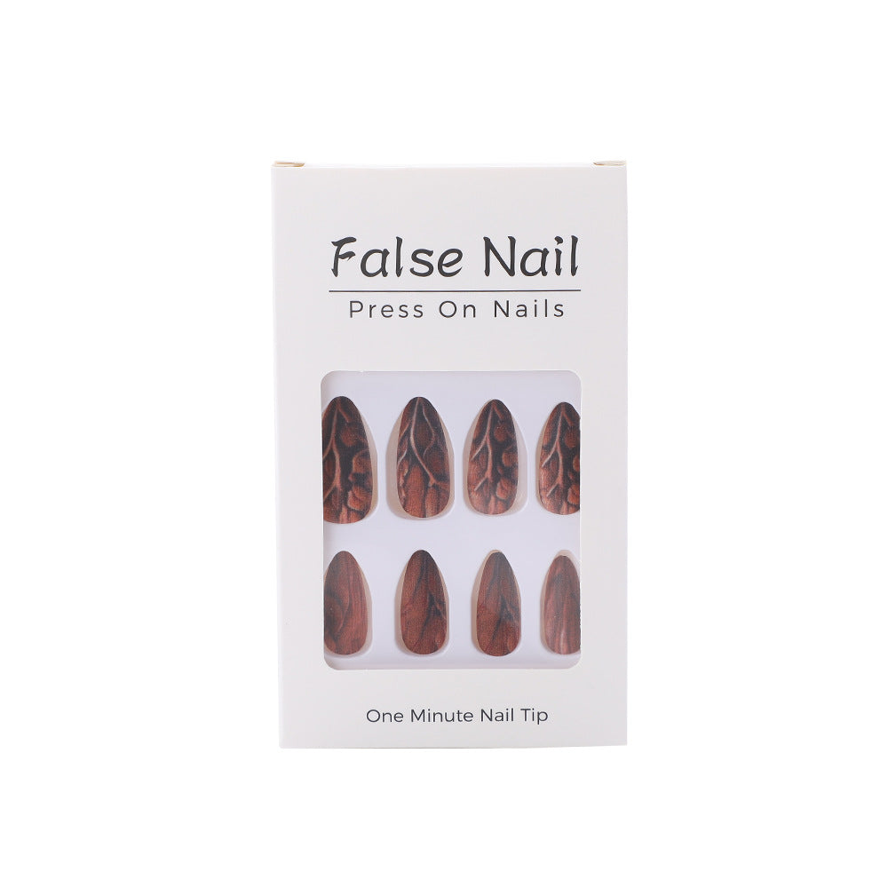 Long Stiletto Press-On Nails – Matte Wood Grain Acrylic Nail Art Set
