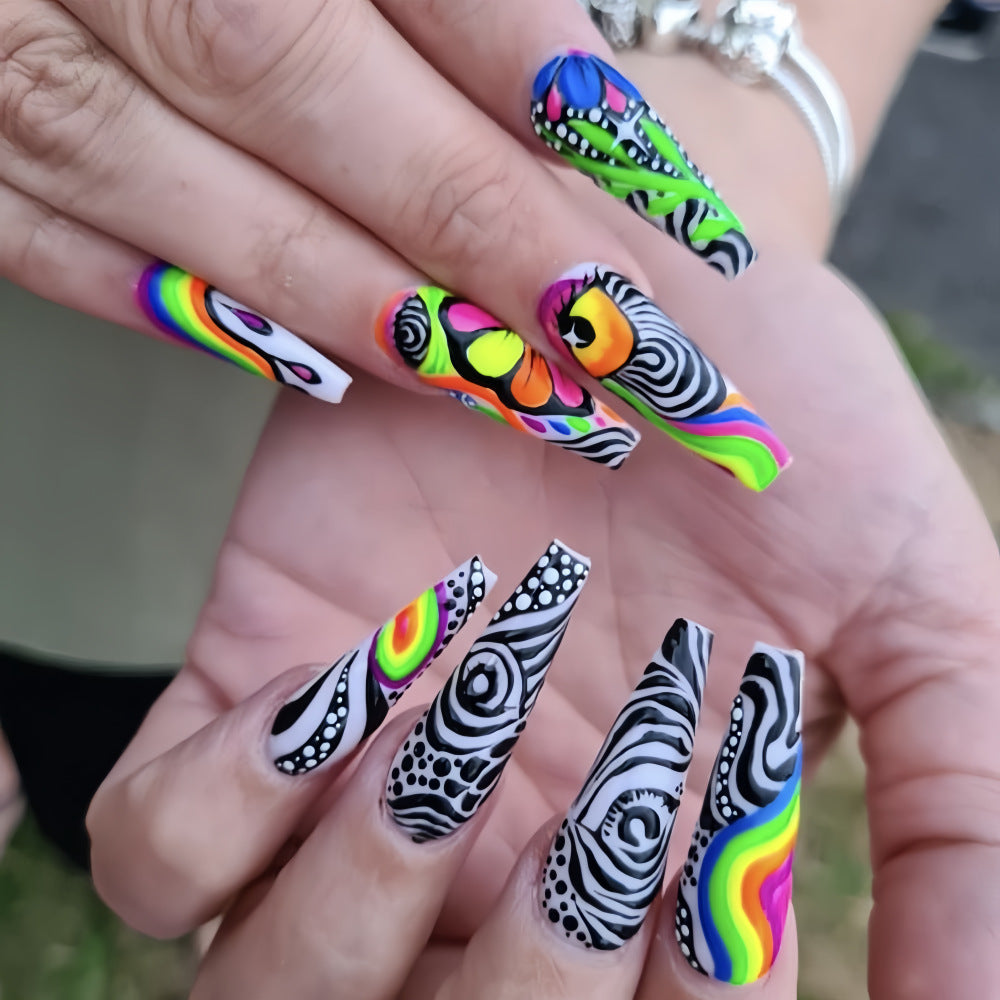 Neon Psychedelic Coffin Press-On Nails – Acrylic False Nails, Extra Long