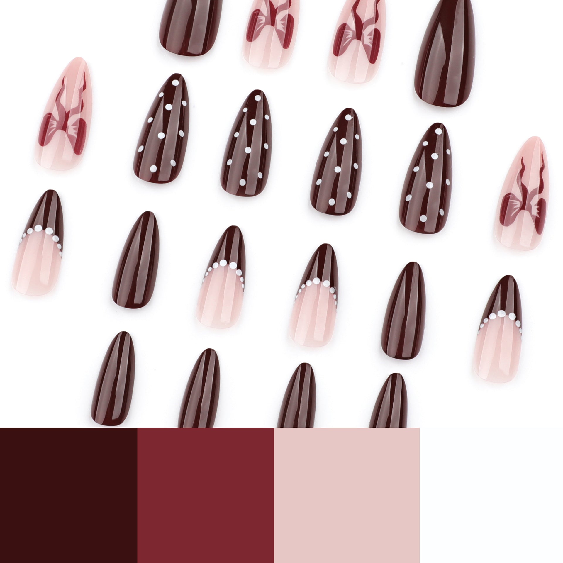 Burgundy Nude French Press-On Nails - Waerabl Nails with Polka Dot & Bow Design