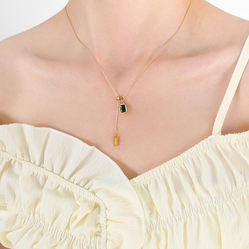 Green Emerald Drop Pendant Necklace – Titanium Steel Minimal Chic Jewelry