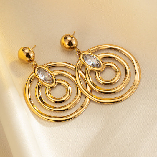 Gold Circle Zircon Earrings – Titanium Steel Geometric Statement Jewelry for Women