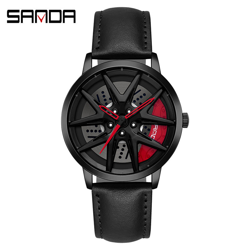 Sanda Men’s Quartz Watch – Wheel Series Dial, Leather Strap, Waterproof Timepiece
