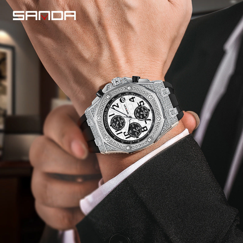 SANDA Men’s Diamond Dial Quartz Watch – Waterproof Silicone Strap Wristwatch