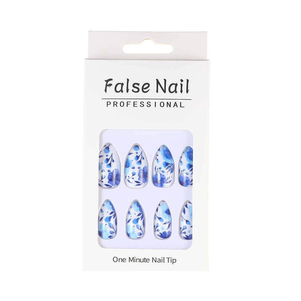 Blue Floral Almond Press-On Nails – Matte Porcelain-Inspired Acrylic Set