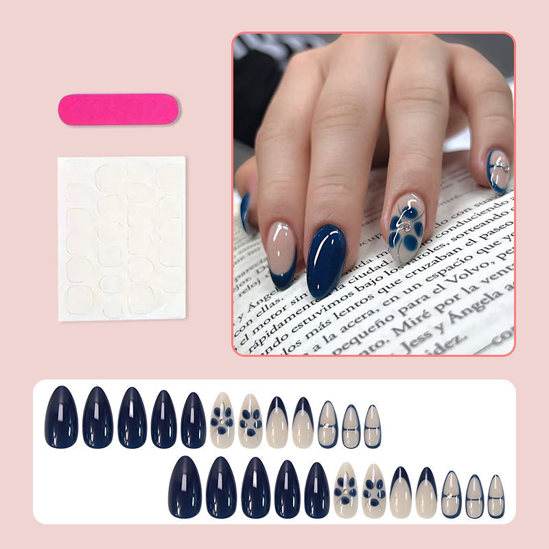 Navy Blue Almond Press-On Nails – Floral Half-Moon Medium Glossy Nail Art