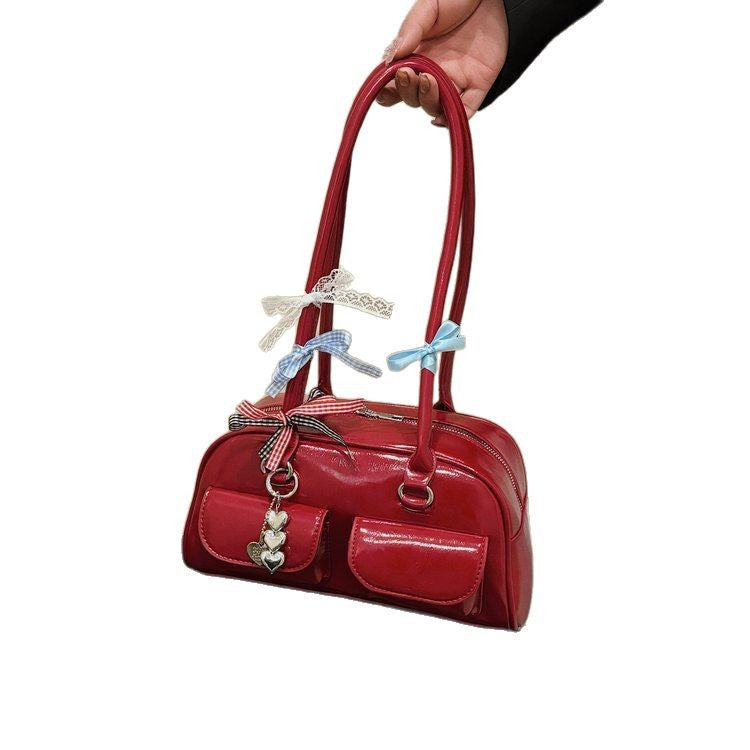 Boston Shoulder Bag for Women – PU Retro Bowling Style Tote with Double Handles And Keyring