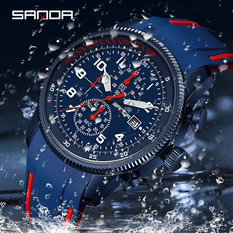 Sanda Men’s Quartz Watch – Three-Eye Chronograph, Silicone Strap Analog Watch