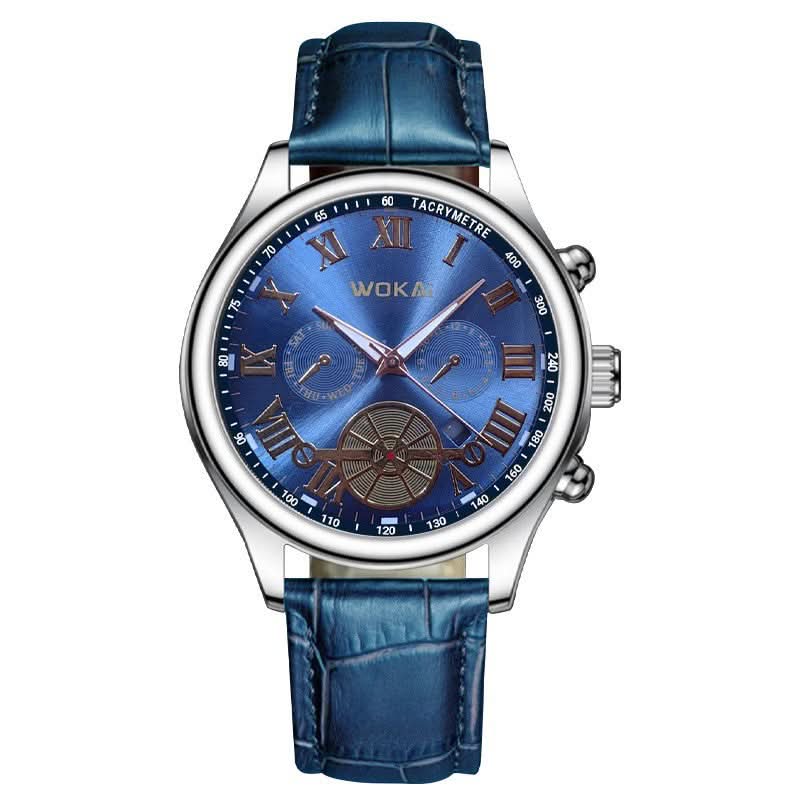 Men's Quartz Sports Watch with Blue Leather Strap
