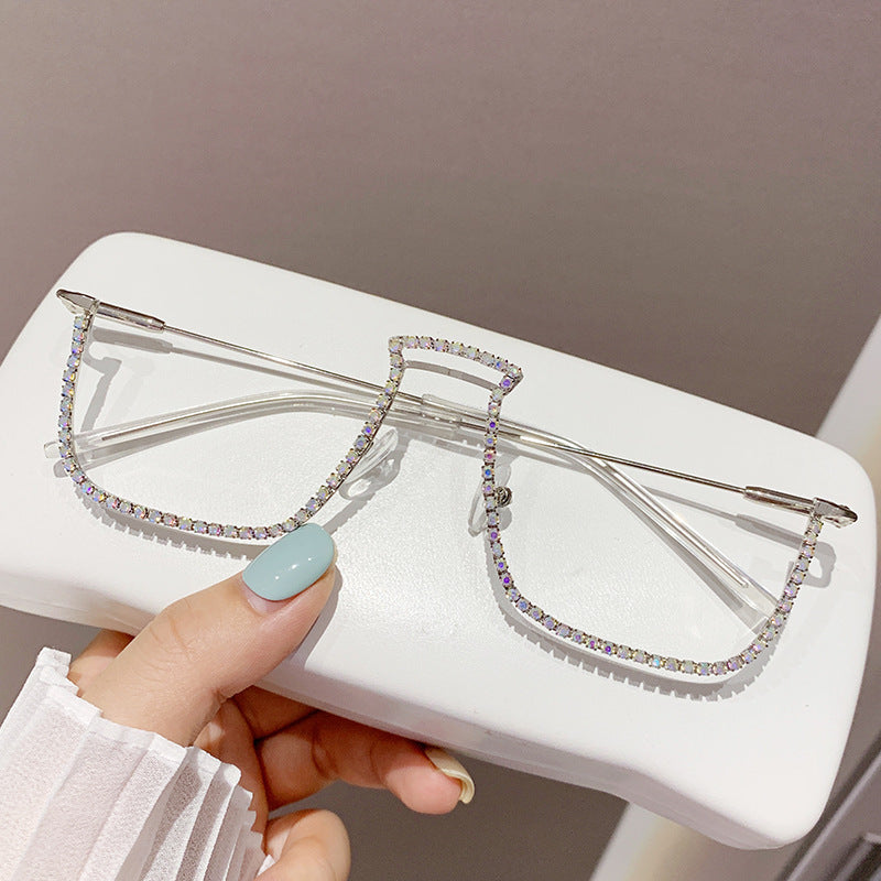 Women’s Rhinestone Decorative Glasses – Half-Frame Trendy Street Style Eyewear