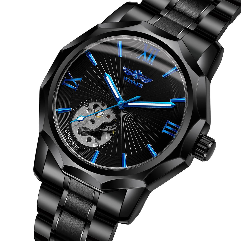 T-Winner Men’s Mechanical Watch – Black & Blue Dial with Stainless Steel Band