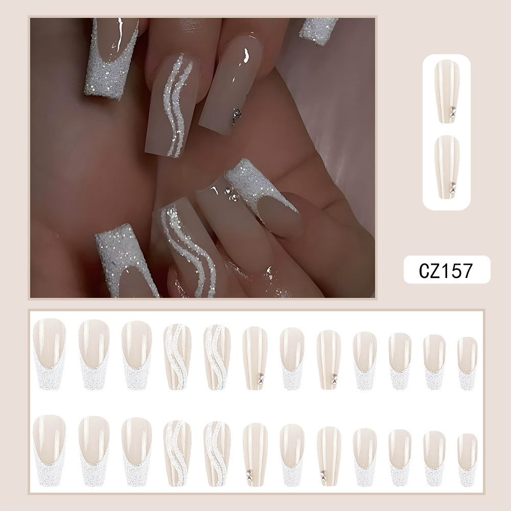 Sparkly French Press-On Nails – Medium Square Nude & White with Glitter Swirls