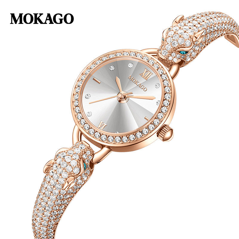 Mokago Women’s Diamond Leopard Head Quartz Watch – Fashion Bracelet Timepiece