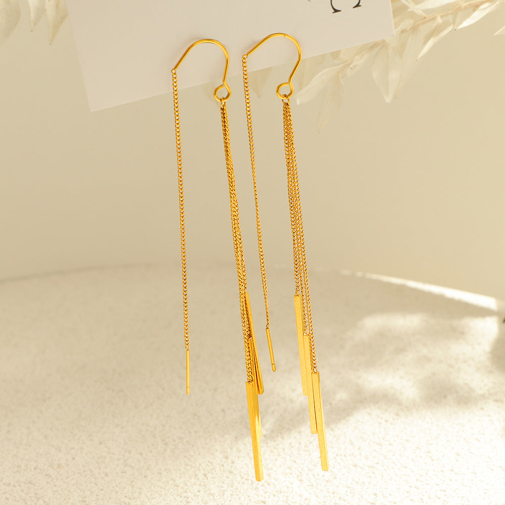 Gold Long Tassel Earrings – Titanium Steel Geometric Jewelry for Women