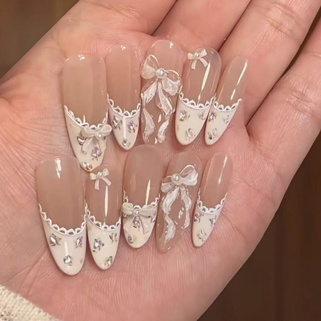 Nude White French Tip Almond Nails with Bow & Rhinestone Accents – Press-On Nail Art