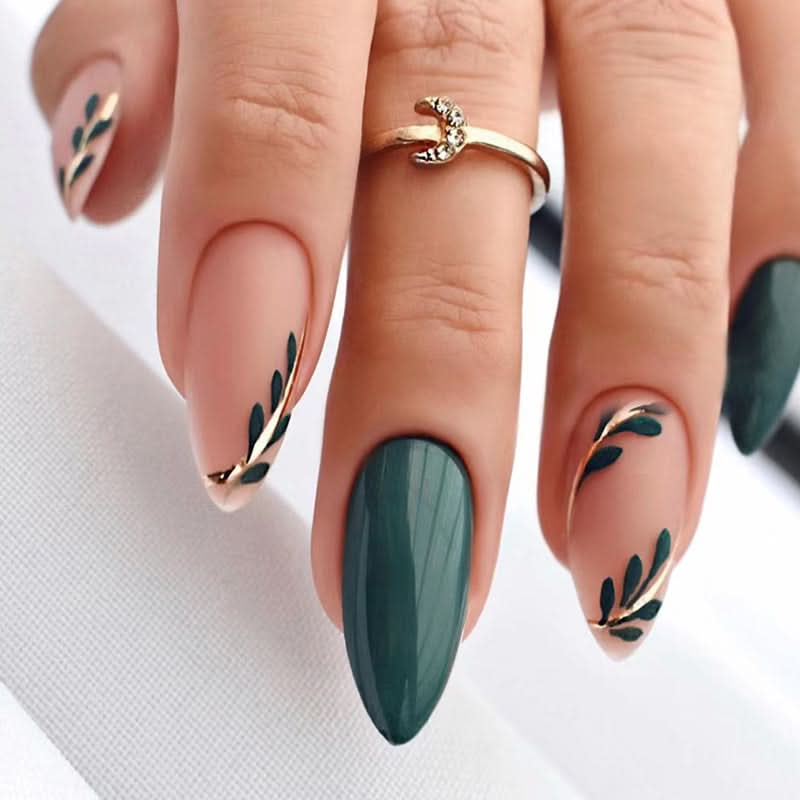 Matte Green Almond Nails with Flower Design