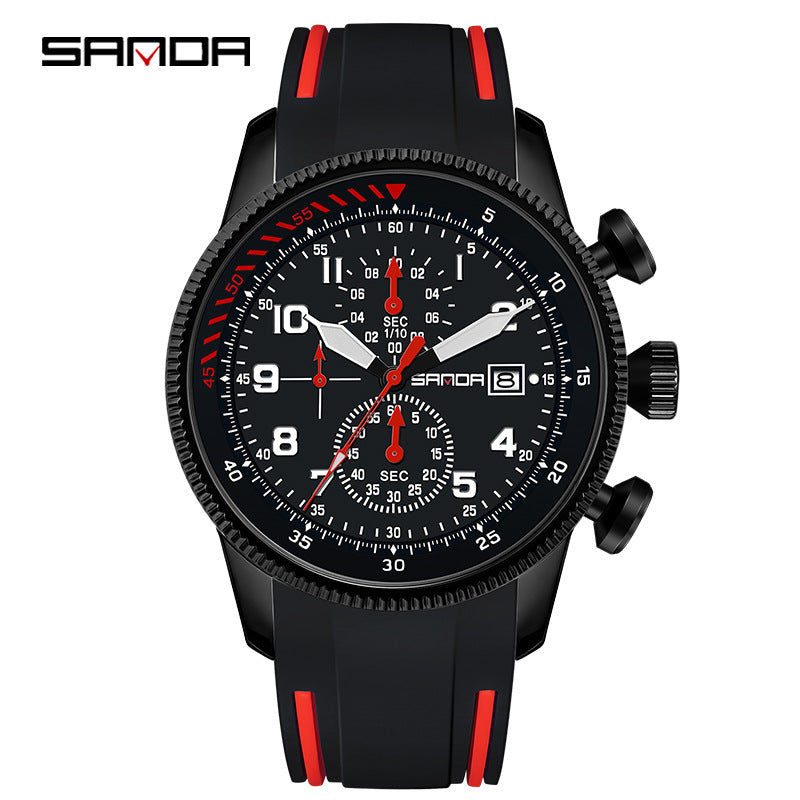 Sanda Men’s Quartz Watch – Three-Eye Chronograph, Silicone Strap Analog Watch