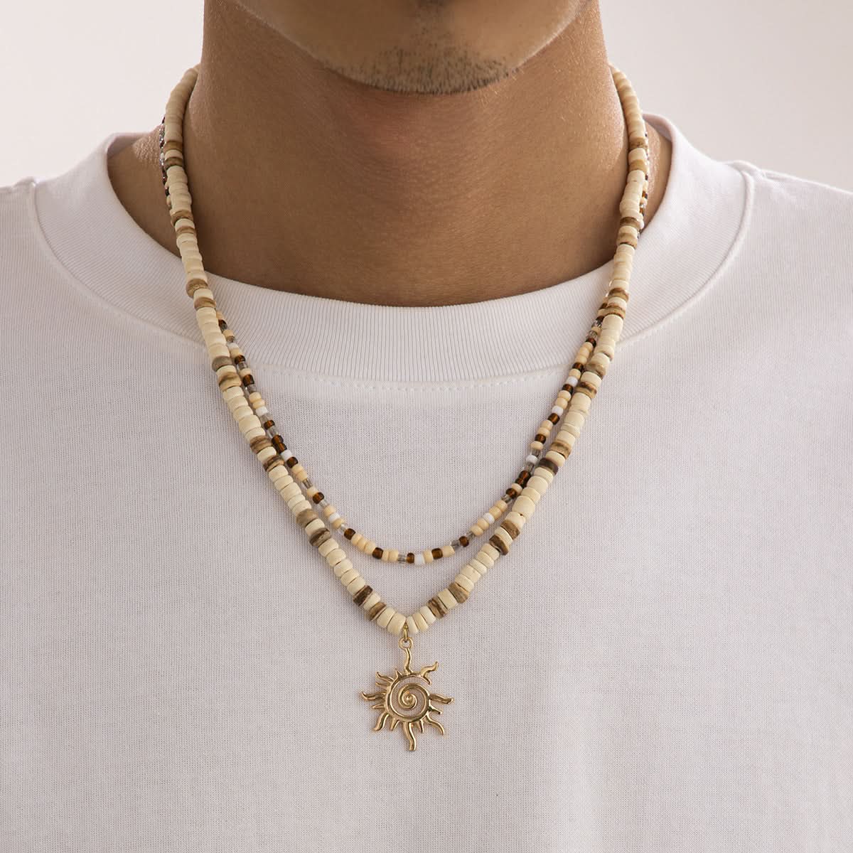 Men’s Sun Pendant Beaded Necklace, Hip-Hop Style