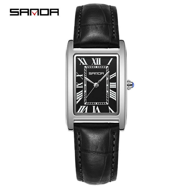 SANDA Retro Square Quartz Watch – Leather Strap Casual Watch for Men & Women