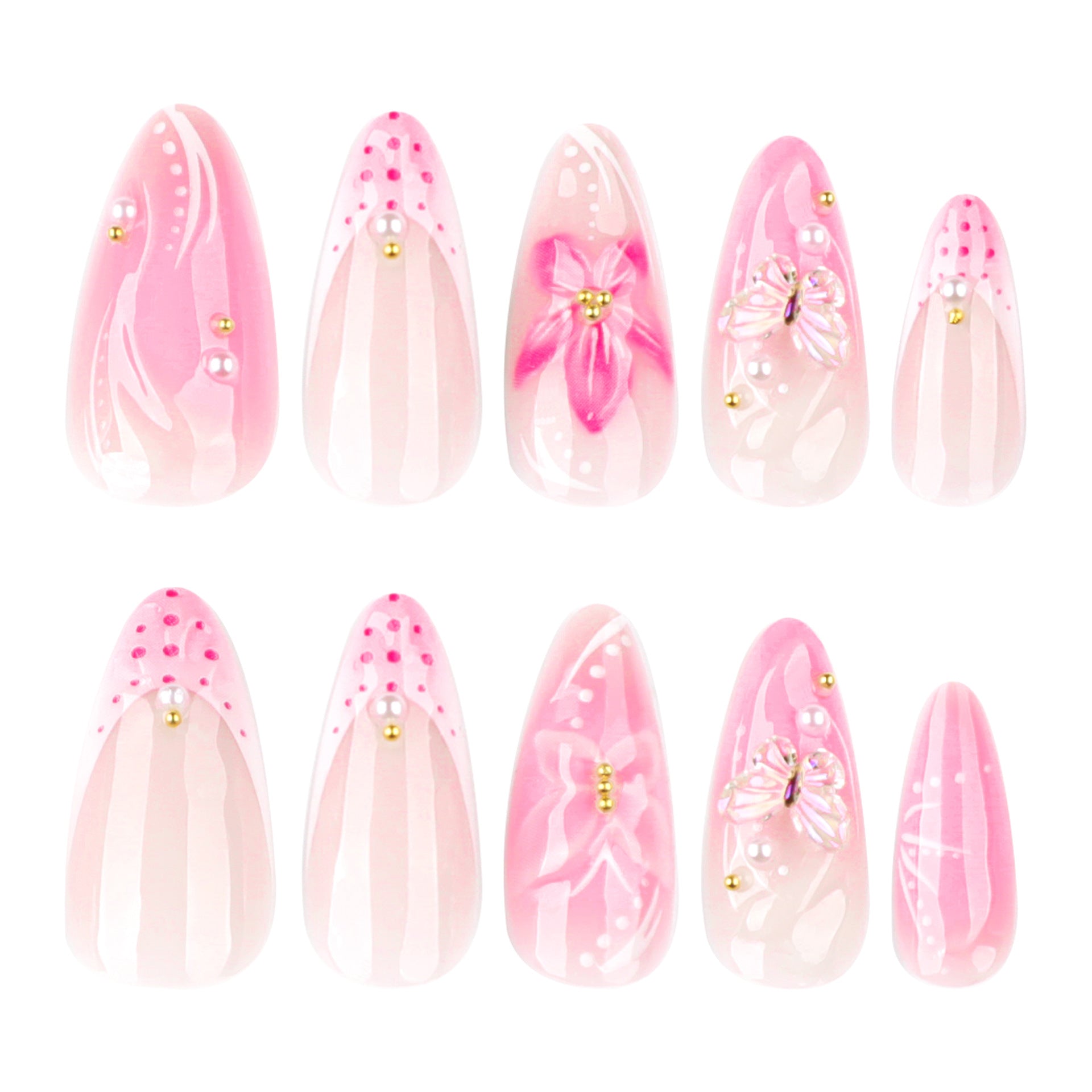 3D Butterfly Floral Press-On Nails – Long Almond Pink & White, Swirl Acrylic Set