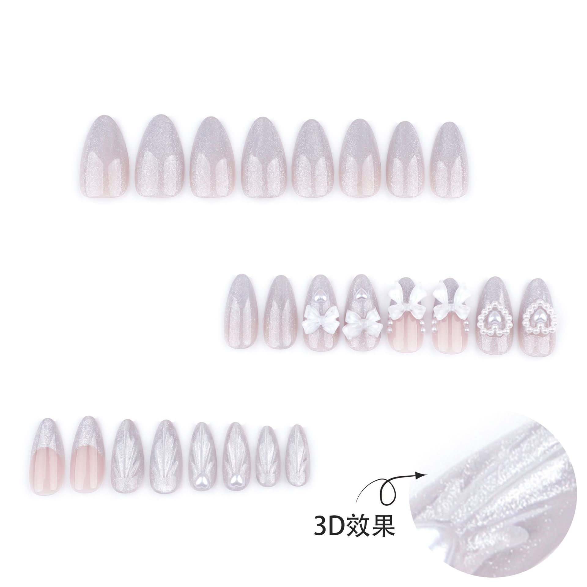 Almond French Press-On Nails – 3D Bow & Pearl Cat Eye False Nail Set
