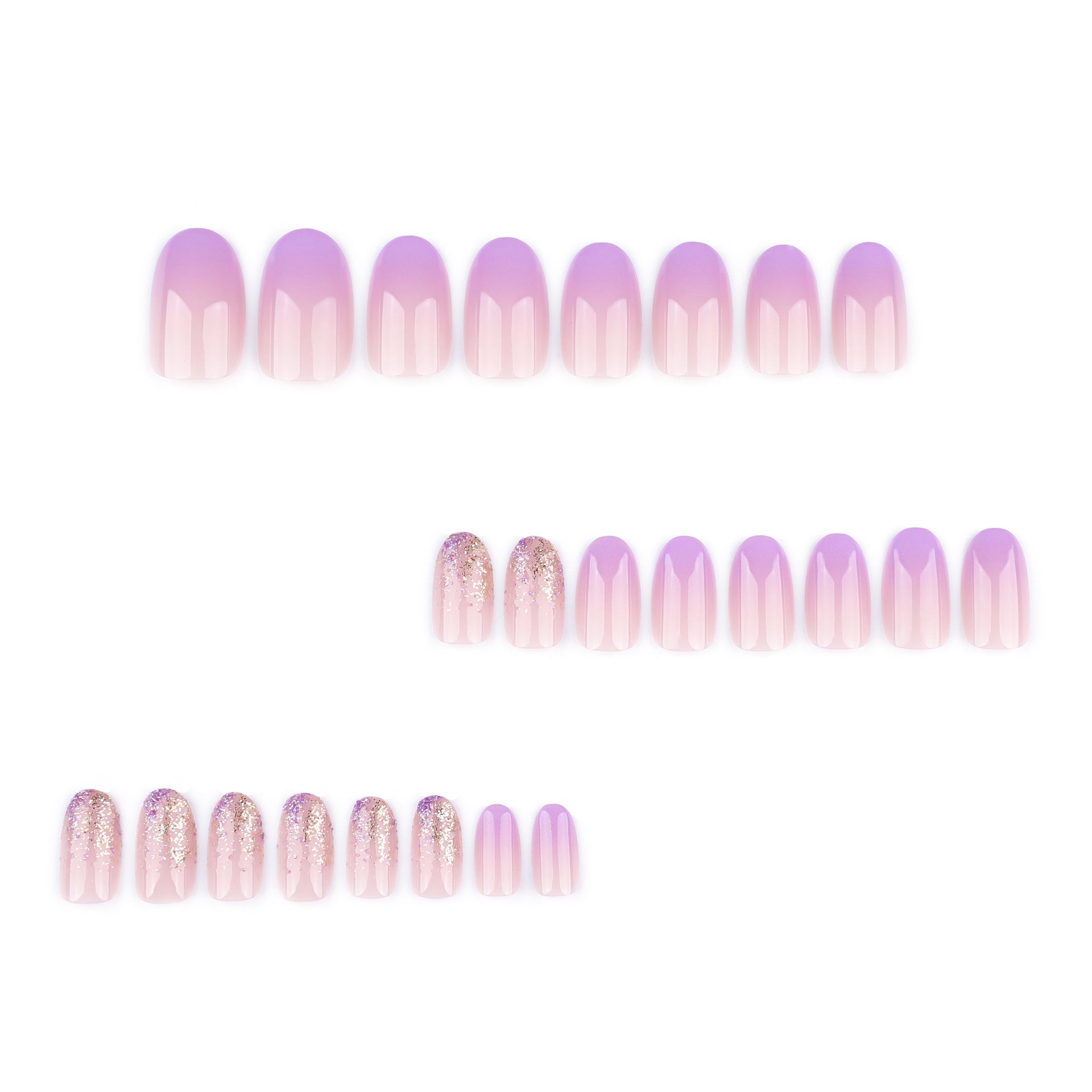 Purple Gradient Ombre Press-On Nails with Gold Glitter - Elegant Oval Glue-On Acrylic Set