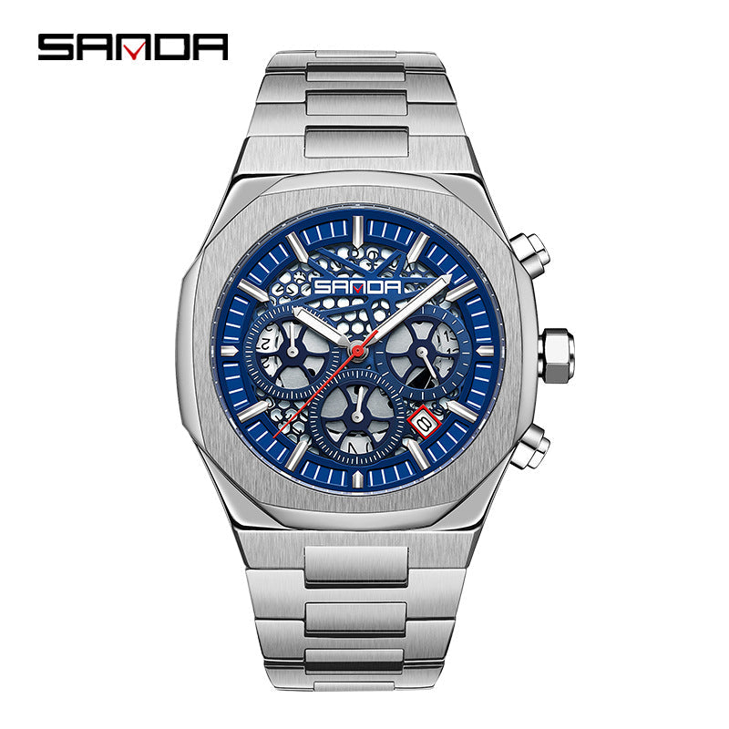 SANDA Luminous Stainless Steel Men’s Quartz Watch – 6-Hand Chronograph with Calendar
