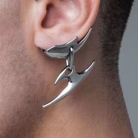 Silver Cyberpunk Hoop Earrings, Geometric Dagger Clip