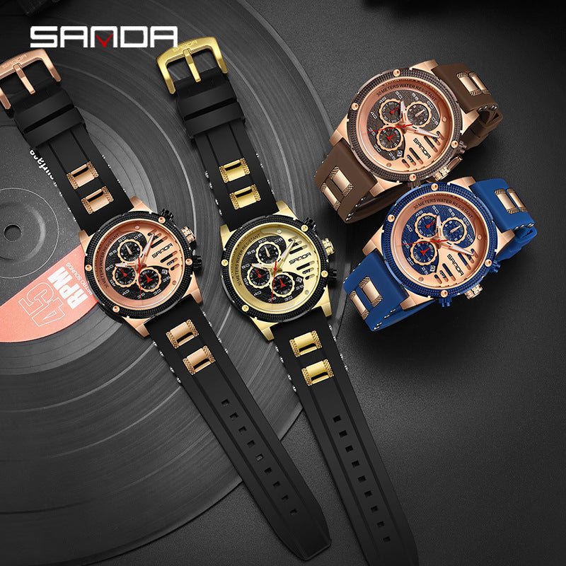 Sanda Men's Quartz Watch – Multi-Function Three-Eye Calendar Silicone Strap Waterproof