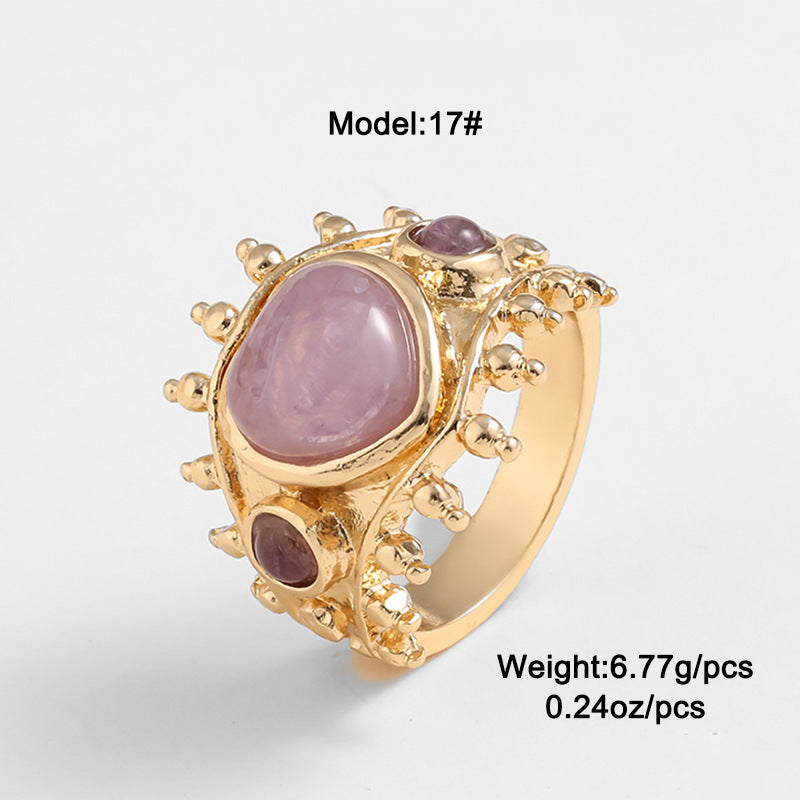 Vintage Triple Gem Statement Ring – Purple Gold Ornate Beaded Halo Jewelry