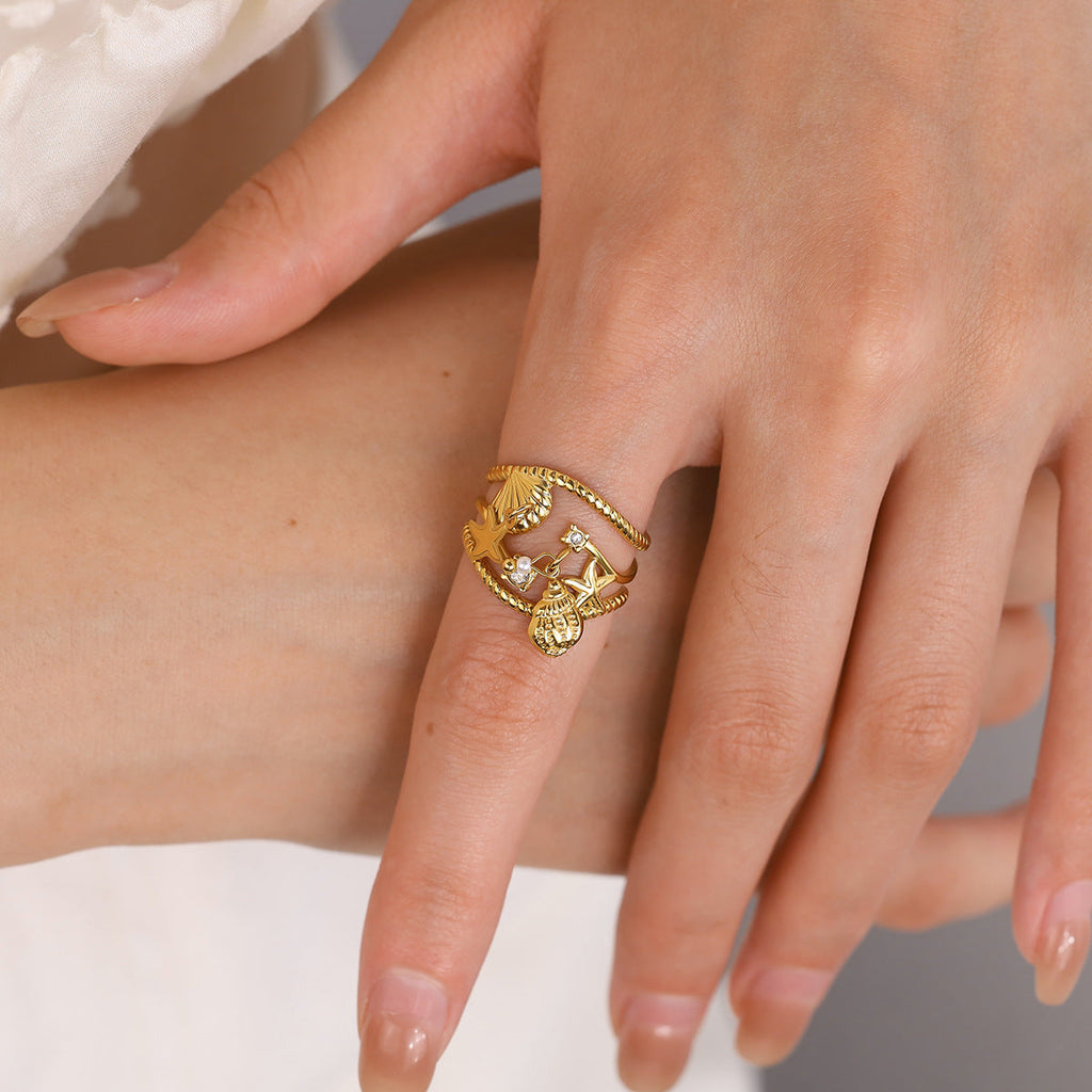 Ocean Starfish Shell Ring – Gold Titanium Steel Open Adjustable Beach Jewelry