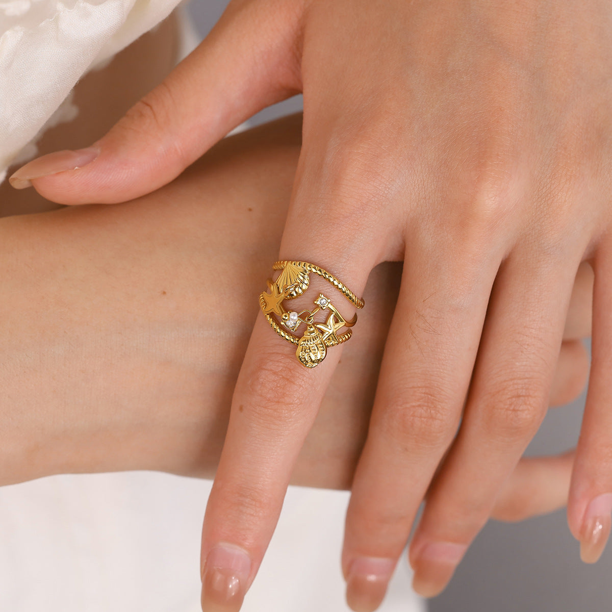 Ocean Starfish Shell Ring – Gold Titanium Steel Open Adjustable Beach Jewelry