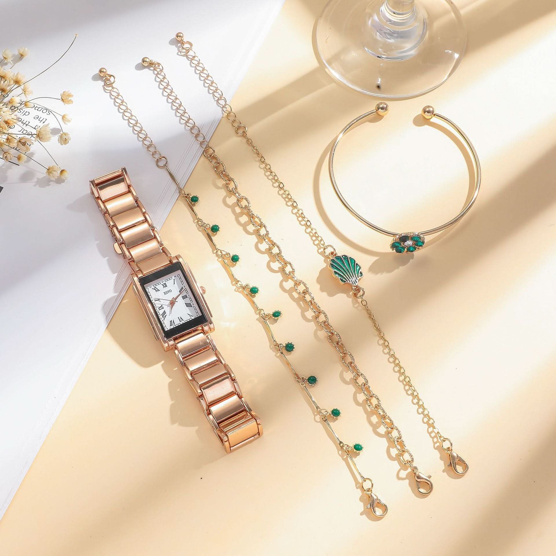 Women’s Gold Square Quartz Watch & Bracelet Set – Green Dial, Steel Band